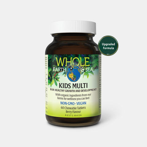 Kids Multi vegan chewable tablets with vitamins and minerals for children's healthy growth and development, berry flavor.
