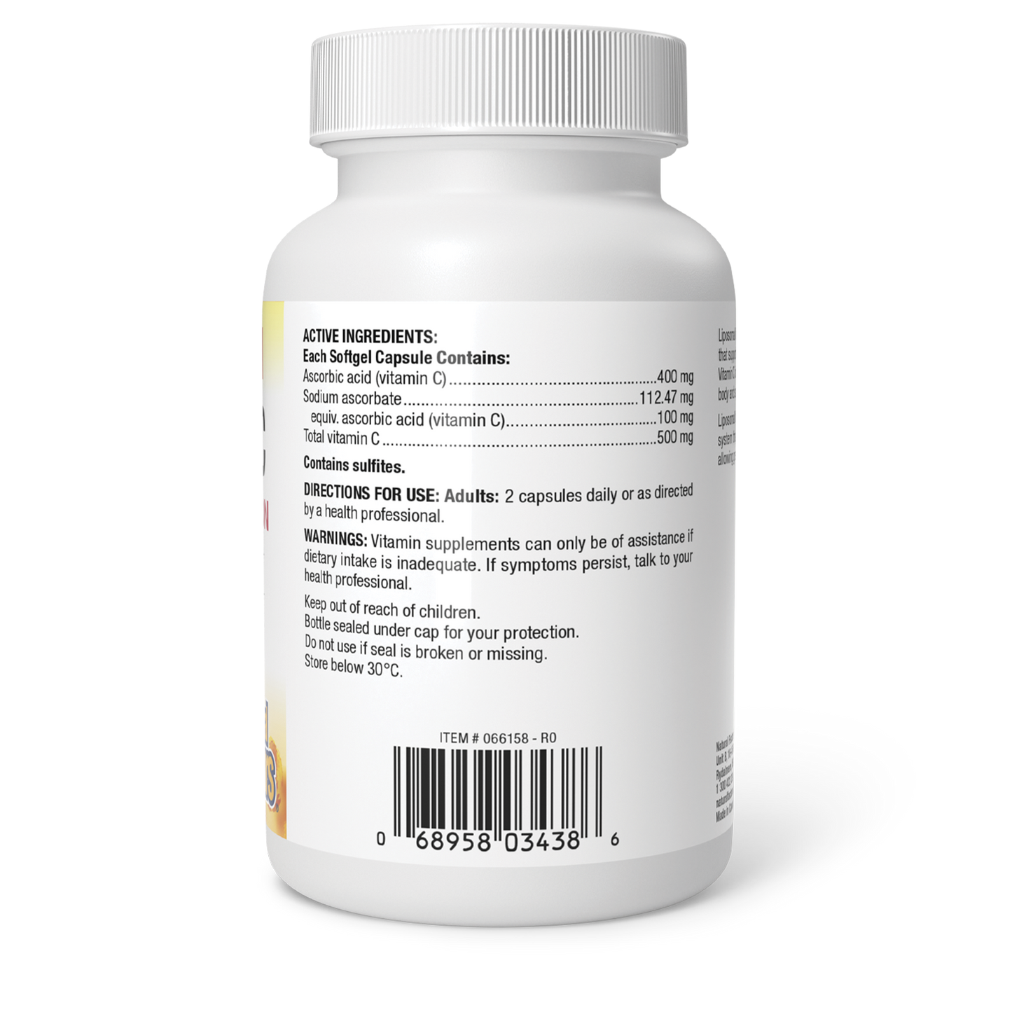 Liposomal Vitamin C bottle showing active ingredients, usage directions, warnings, and barcode on white background.