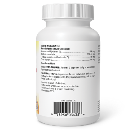 Liposomal Vitamin C bottle showing active ingredients, usage directions, warnings, and barcode on white background.