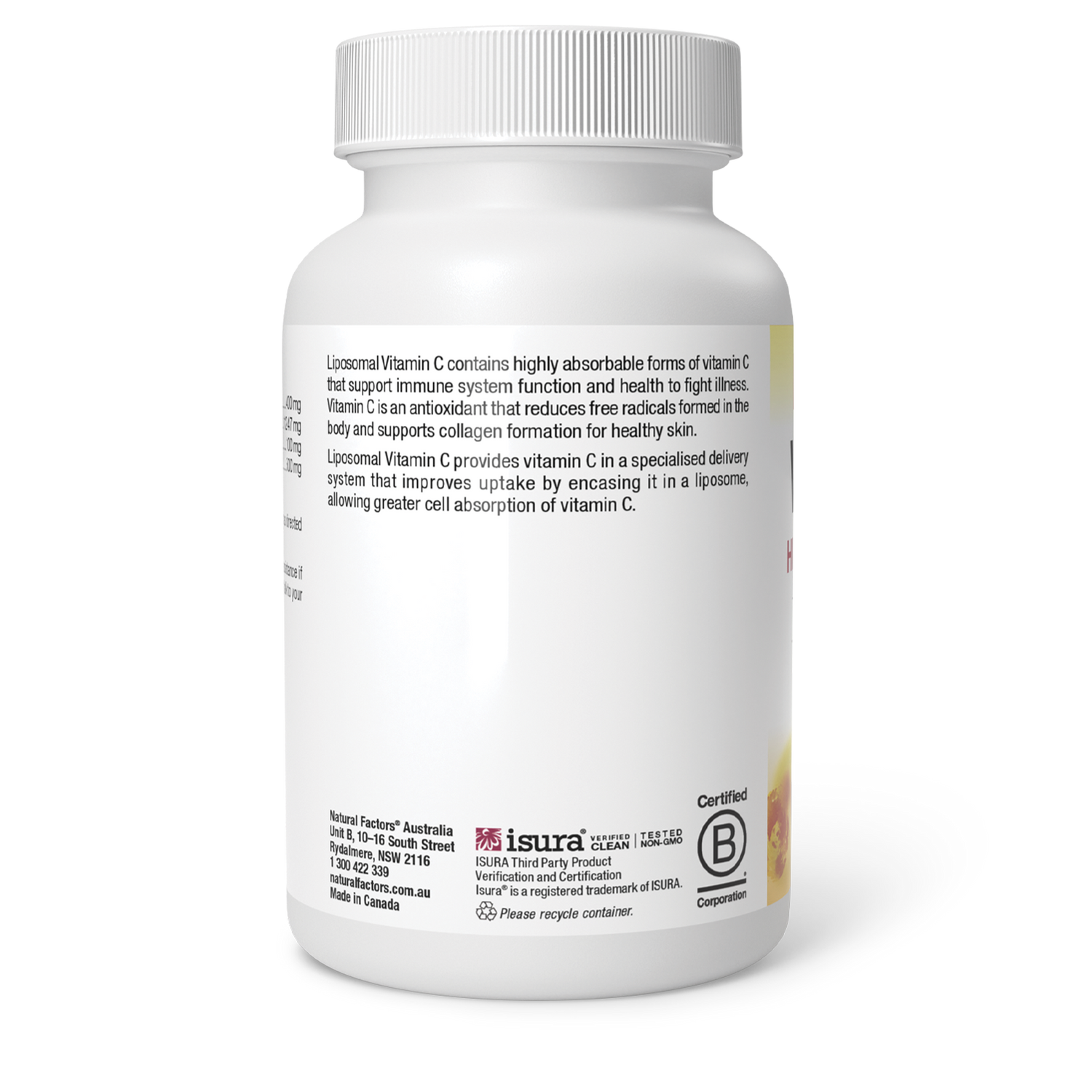 Liposomal Vitamin C bottle showing supplement facts and benefits for immune support and skin health.