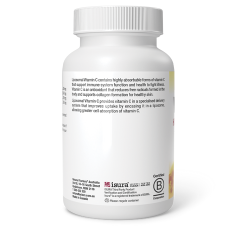 Liposomal Vitamin C bottle showing supplement facts and benefits for immune support and skin health.