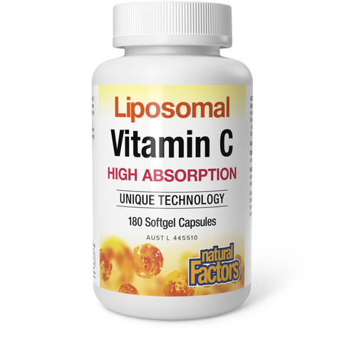Liposomal Vitamin C supplement bottle with high absorption softgel capsules supporting immune and skin health.