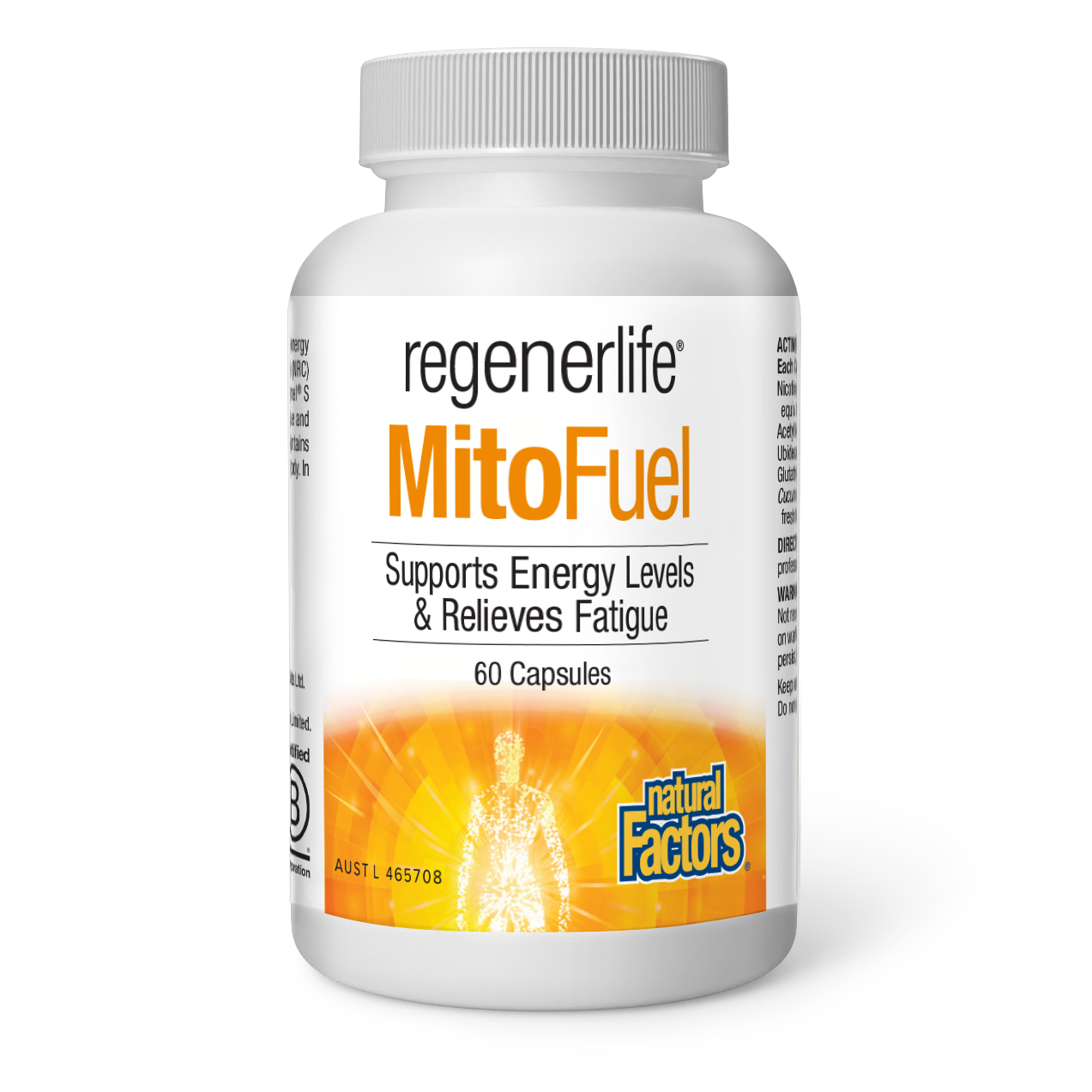 MitoFuel supplement bottle by Regenerlife supports energy levels and relieves fatigue with 60 capsules.