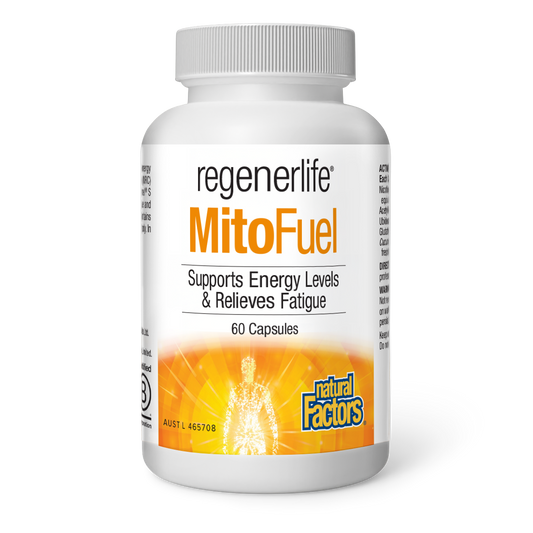 MitoFuel supplement bottle by Regenerlife supports energy levels and relieves fatigue with 60 capsules.