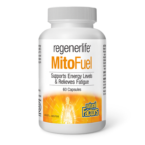 MitoFuel supplement bottle by Regenerlife supports energy levels and relieves fatigue with 60 capsules.