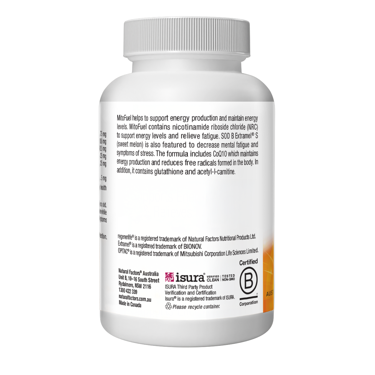 MitoFuel supplement bottle supporting energy production and reducing fatigue with nicotinamide riboside chloride and SOD B Extramel