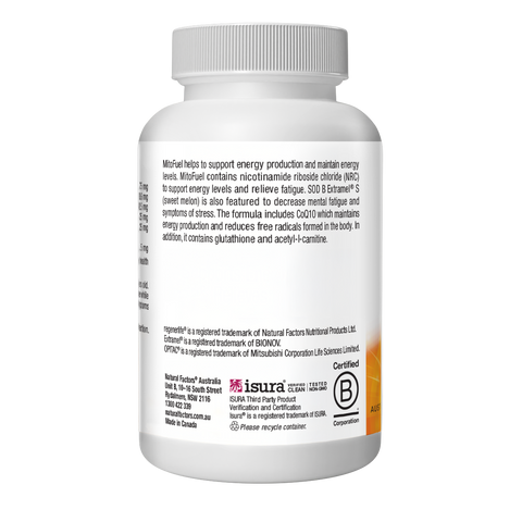 MitoFuel supplement bottle supporting energy production and reducing fatigue with nicotinamide riboside chloride and SOD B Extramel