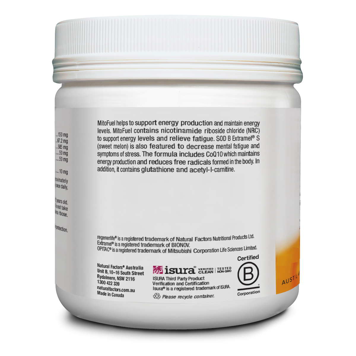 MitoFuel supplement container displaying ingredients to support energy, reduce fatigue, and alleviate mental stress.