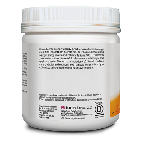 MitoFuel supplement container displaying ingredients to support energy, reduce fatigue, and alleviate mental stress.