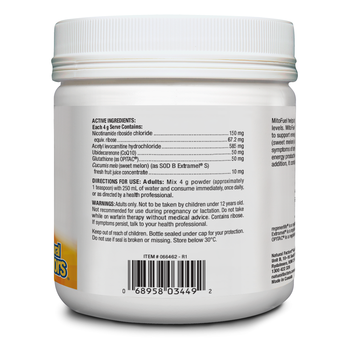 MitoFuel supplement container showing active ingredients and usage directions for energy and stress support.