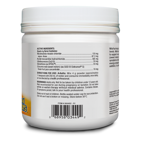 MitoFuel supplement container showing active ingredients and usage directions for energy and stress support.