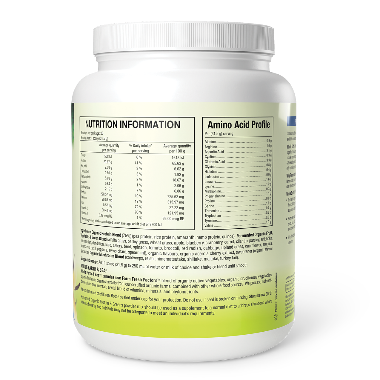 Fermented Organic Protein & Greens vegan protein powder with 20g plant protein, fermented greens, fruits, vegetables, and mushrooms.