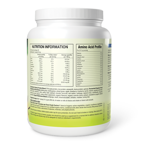 Fermented Organic Protein & Greens vegan protein powder with 20g plant protein, fermented greens, fruits, vegetables, and mushrooms.