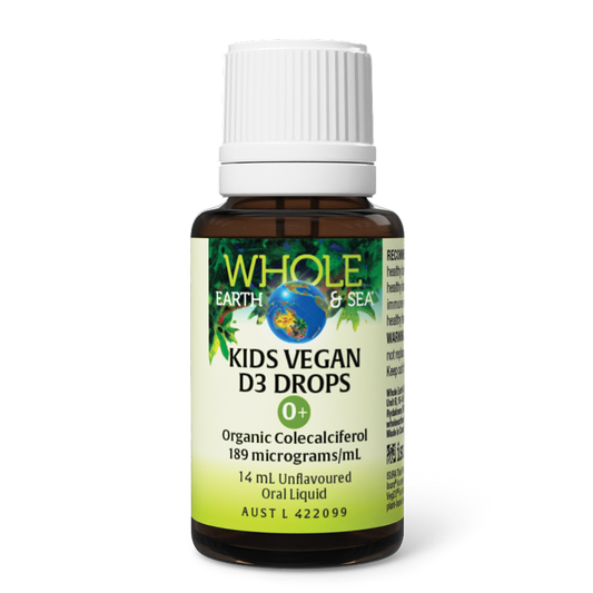 Kids Vegan D3 Drops bottle with plant-sourced vitamin D3 liquid for children’s bone and immune health.