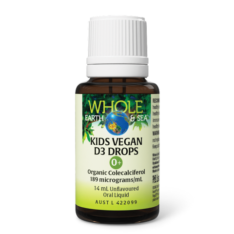 Kids Vegan D3 Drops bottle with plant-sourced vitamin D3 liquid for children’s bone and immune health.