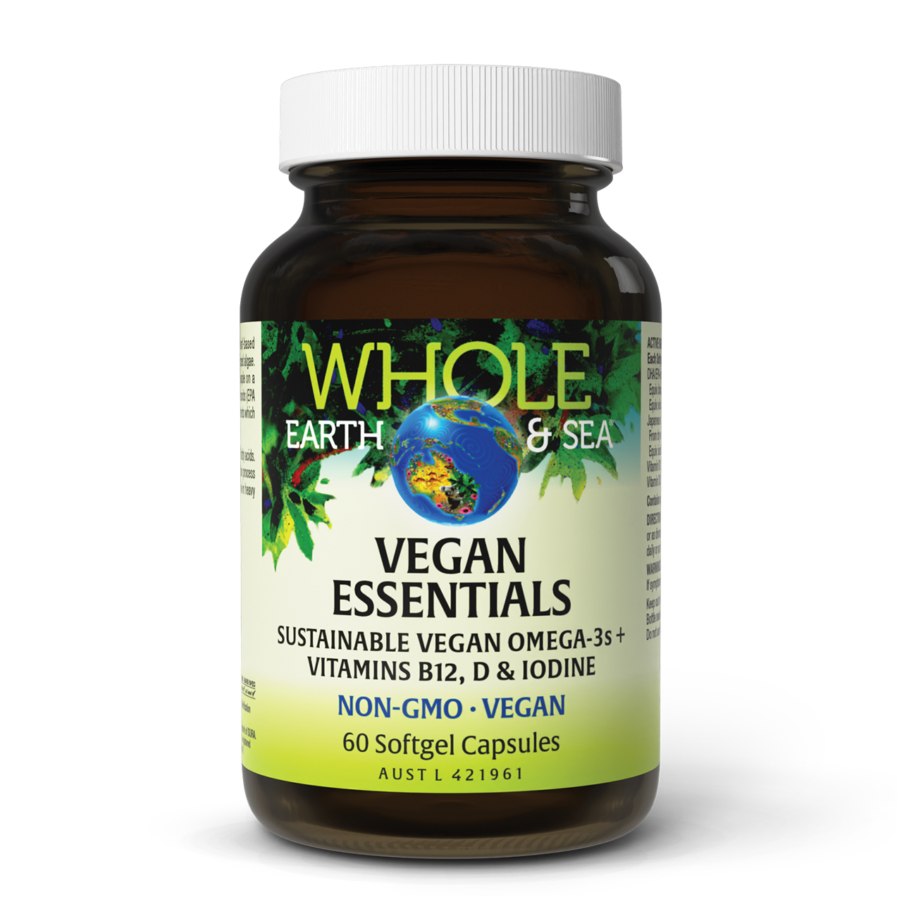Vegan Essentials bottle with sustainable vegan omega-3s, vitamins B12, D, iodine, non-GMO softgel capsules.
