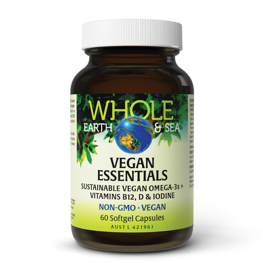 Vegan Essentials bottle with sustainable vegan omega-3s, vitamins B12, D, iodine, non-GMO softgel capsules.