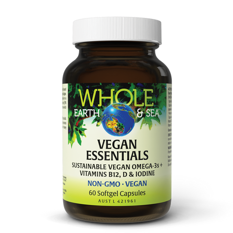 Vegan Essentials bottle with sustainable vegan omega-3s, vitamins B12, D, iodine, non-GMO softgel capsules.