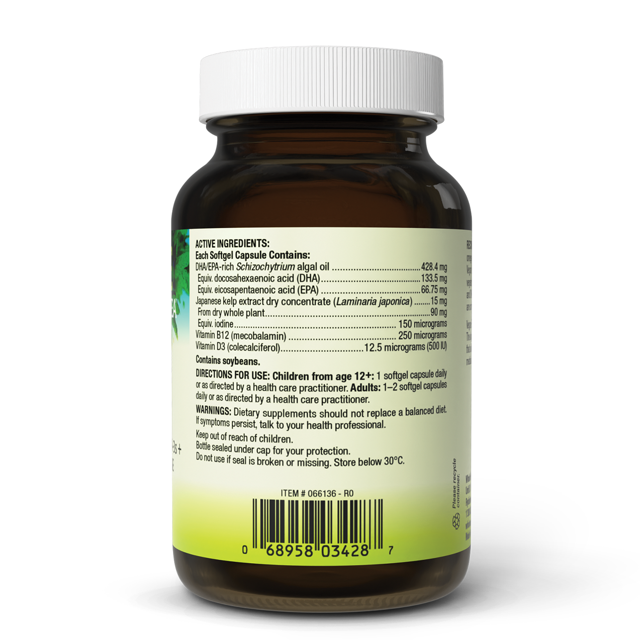 Vegan Essentials bottle showing plant-based omega-3, EPA, DHA, vitamin D, B12, and iodine supplement details.