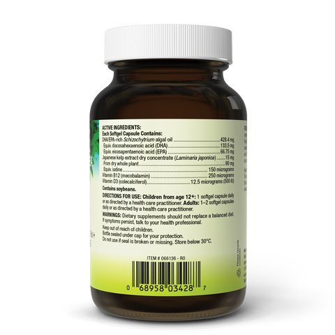 Vegan Essentials bottle showing plant-based omega-3, EPA, DHA, vitamin D, B12, and iodine supplement details.