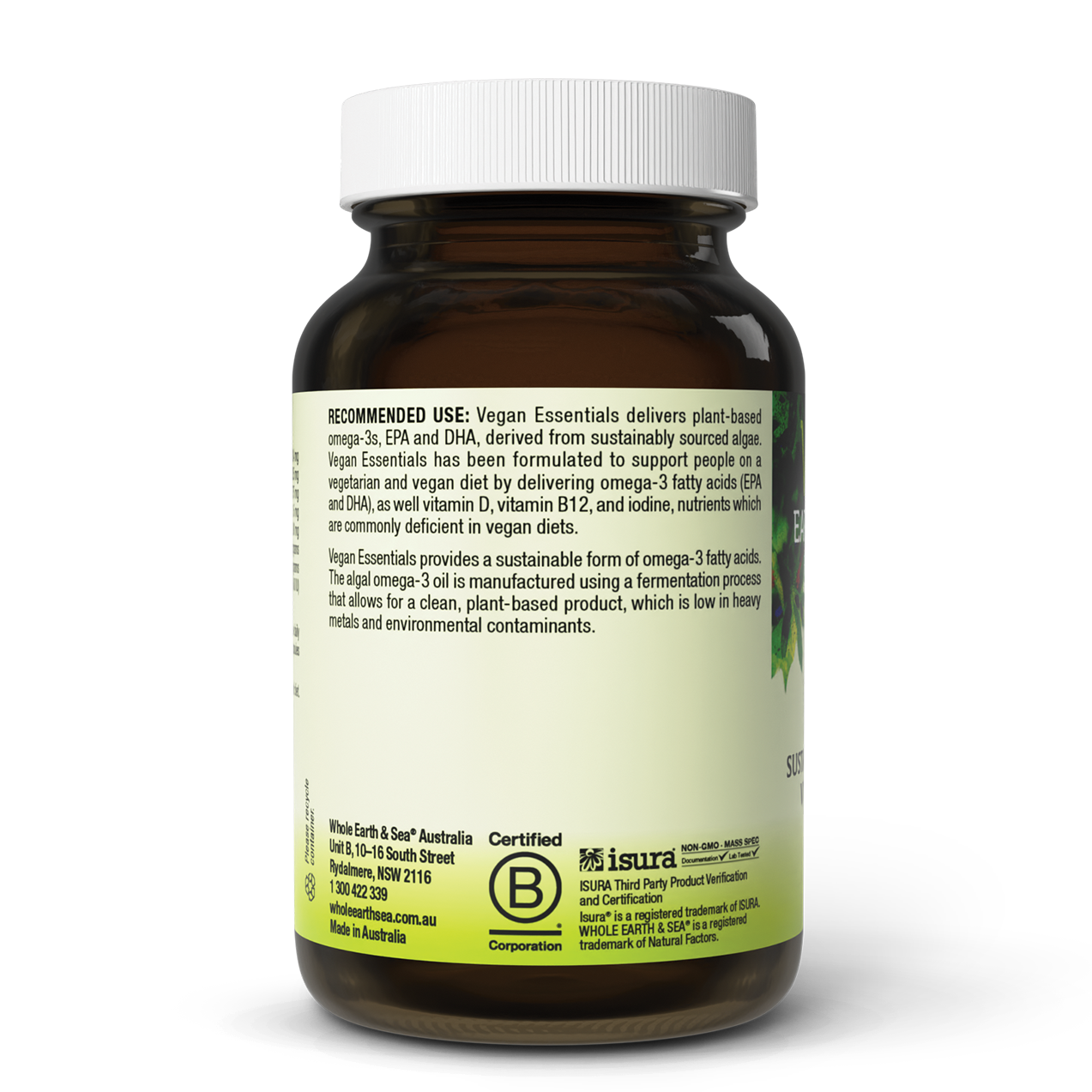Vegan Essentials bottle showing plant-based omega-3, EPA, DHA, vitamin D, B12, and iodine supplement label.
