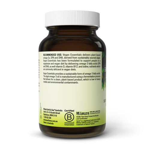 Vegan Essentials bottle showing plant-based omega-3, EPA, DHA, vitamin D, B12, and iodine supplement label.